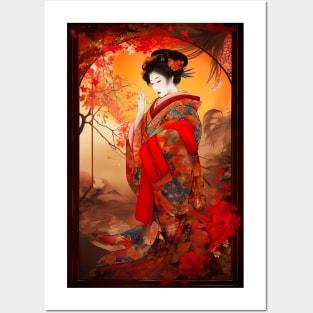 Elegant Geisha in Kimono - Japanese Art T-Shirt Posters and Art